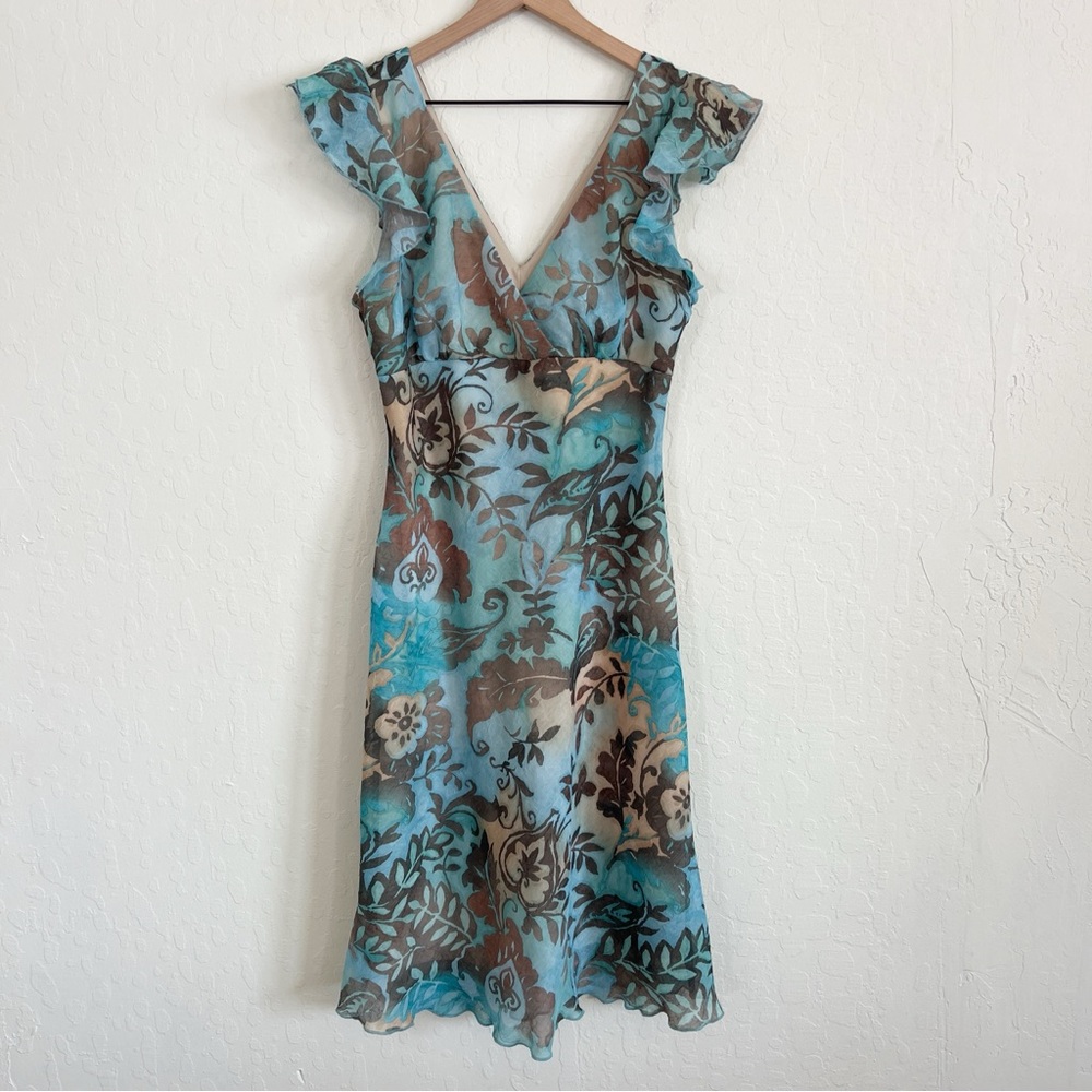 Vintage Breakin Loose Babydoll Flutter Sleeve Midi Dress 10 Teal Brown Fairy Y2K